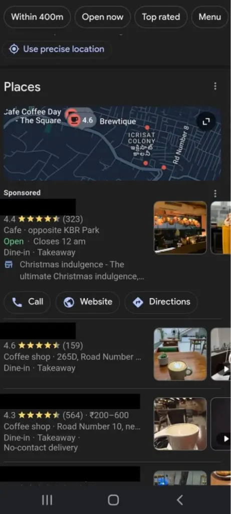 Mobile screen displaying local search results for coffee shops