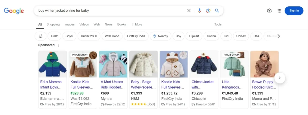 Example of Google Ads appearing in search results