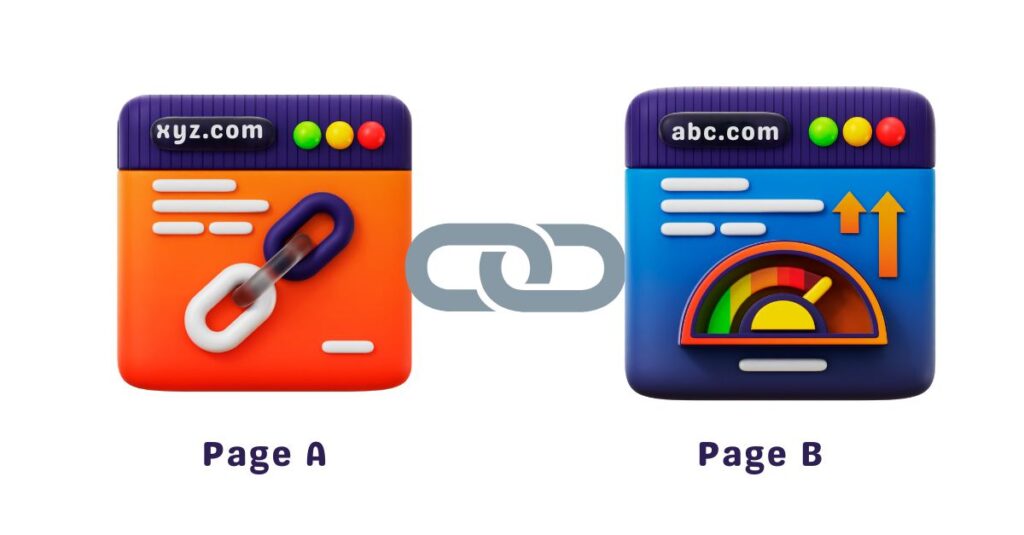 Illustration of external linking between Page A (xyz.com) and Page B (abc.com) showing a chain link connecting two web pages, with Page B displaying a performance boost symbol