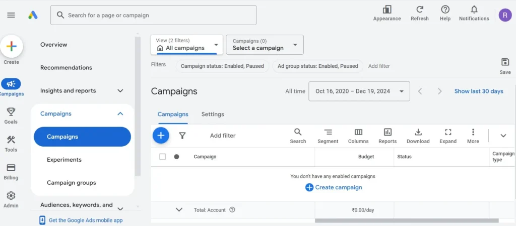 Google Ads dashboard showing campaign setup options